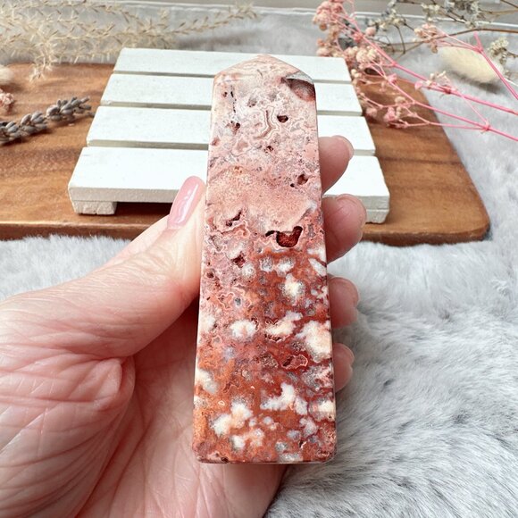 Beautiful Small Pink Crazy Lace Agate Tower Obelisk - Picture 1 of 7